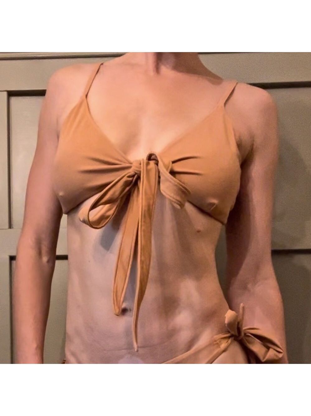 MONDAY Swimwear Tie Front Bikini Top in Sand Light Brown Tan Size Large